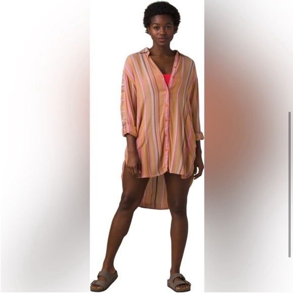 Prana Long Sleeve Tencel Scheena Tunic Shirt WR4 Cacti Soleil Stripe Small - Picture 2 of 10